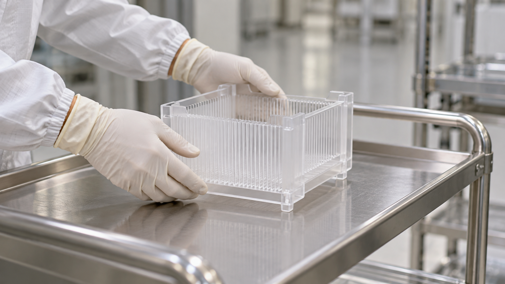 Gloved hands place an empty clear wafer carrier on a stainless-steel cart in a generic cleanroom preparation area.
