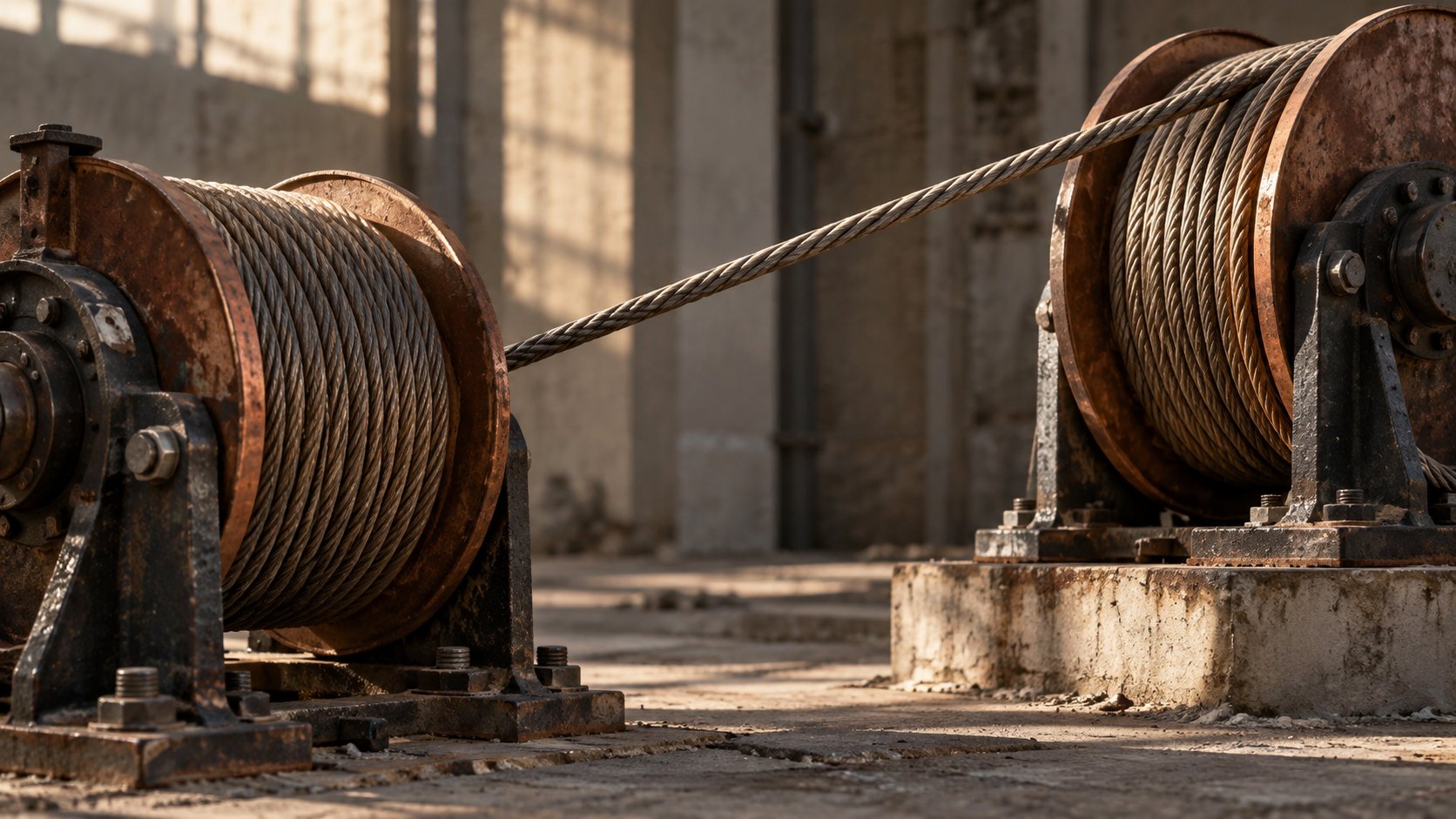 Two weathered cable drums joined by a taut braided steel line in a maintenance bay.