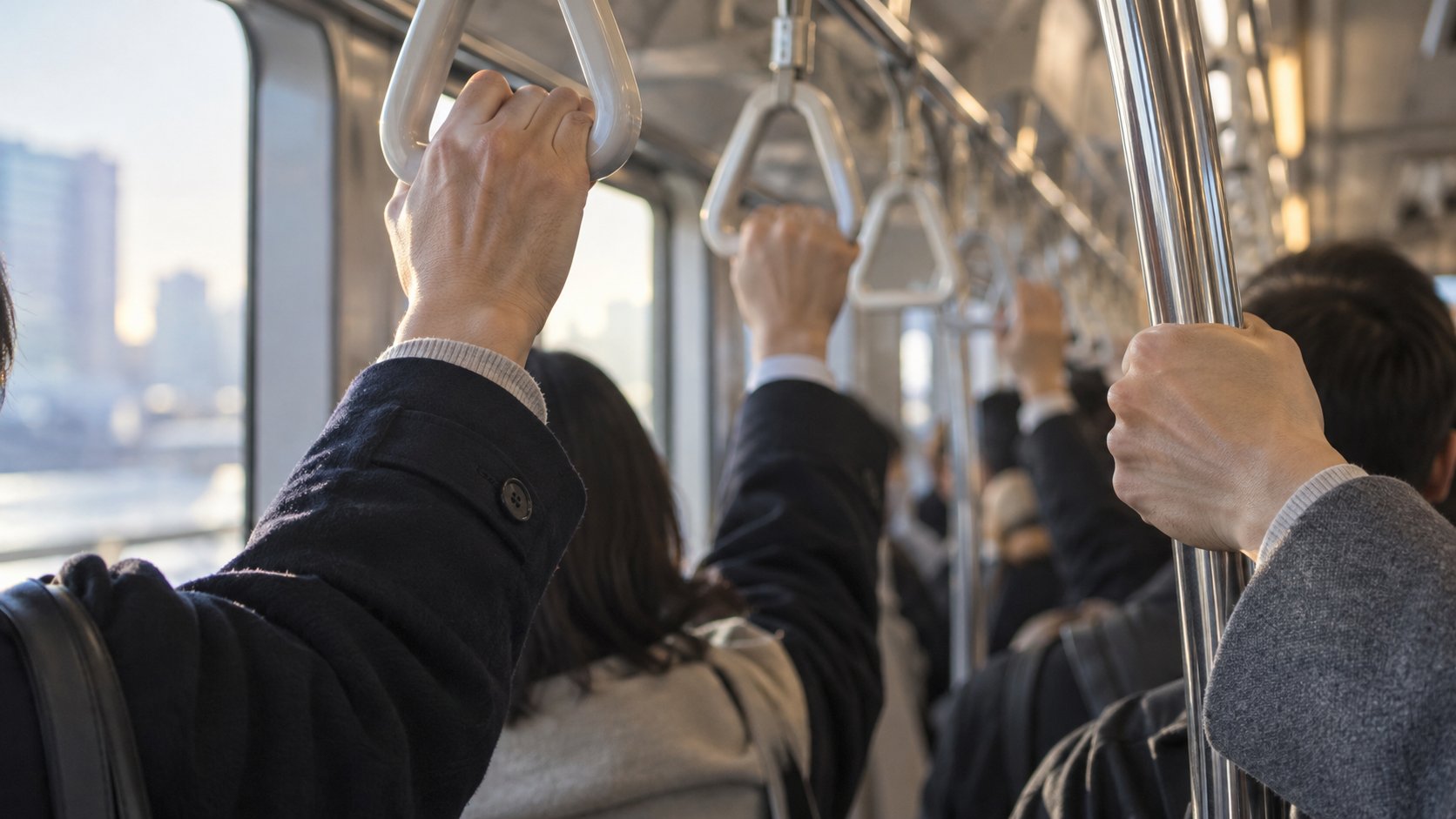 Commuters holding train straps during an early morning journey