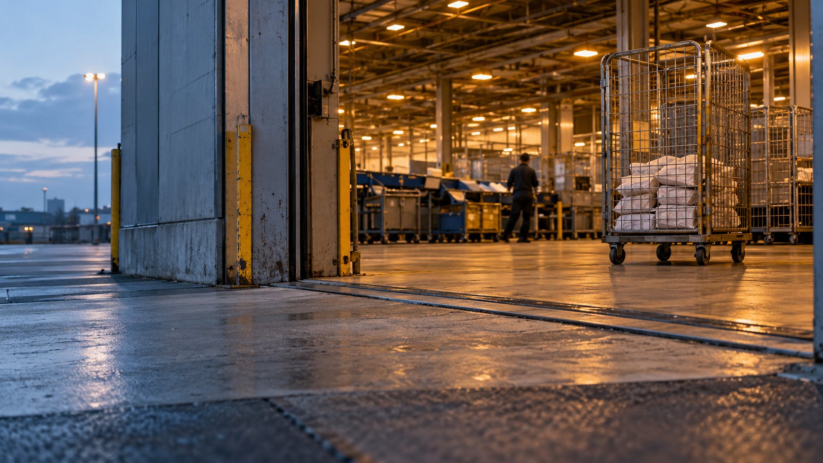 An unbranded sorting-facility loading bay at dawn, with a rolling cage of plain envelopes inside.