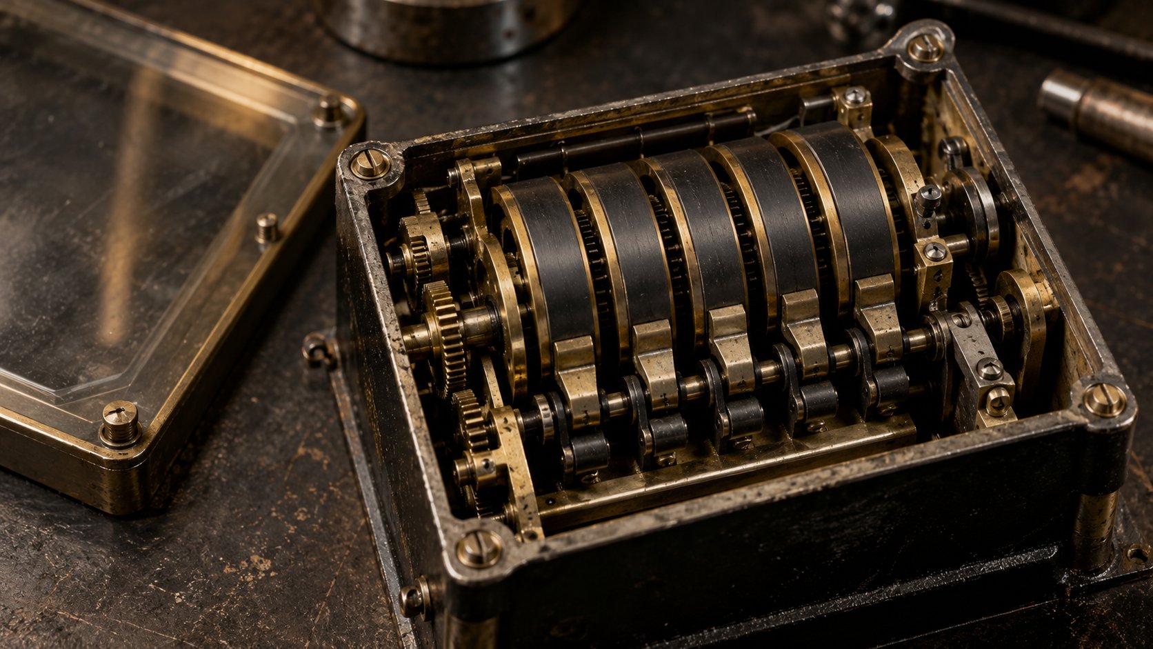 A close view of an unbranded brass-and-black mechanical register mechanism inside a test-instrument enclosure.